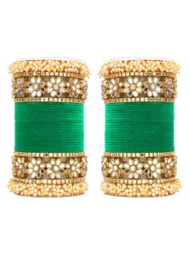 Alluring Alloy Gold Rodium Polish Green and Off White Beads Work Bangles