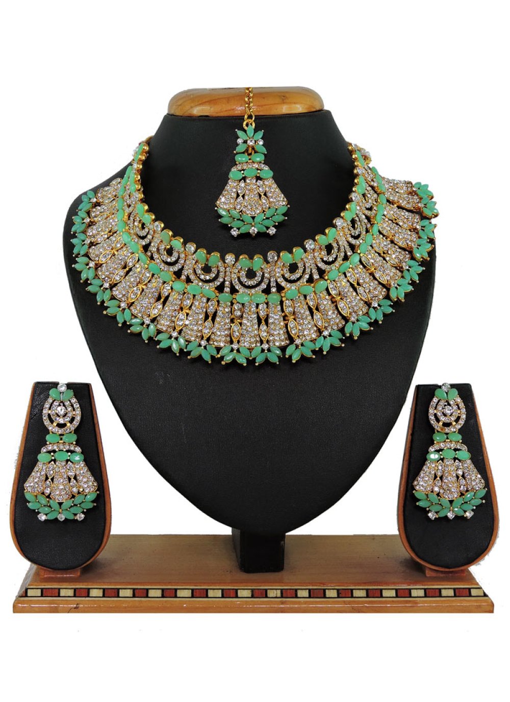 Alluring Alloy Stone Work Sea Green and White Necklace Set