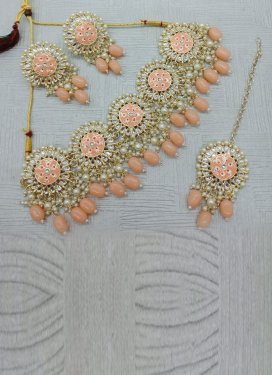 Alluring Beads Work Off White and Peach Gold Rodium Polish Necklace Set