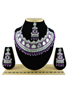 Alluring Beads Work Purple and White Gold Rodium Polish Necklace Set