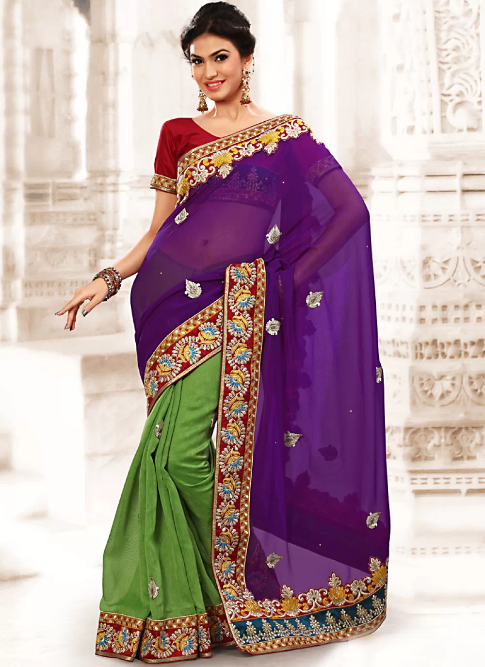 Alluring Chiffon And Art Raw Silk Half N Half Saree