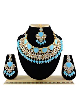 Alluring Firozi and White Gold Rodium Polish Beads Work Necklace Set