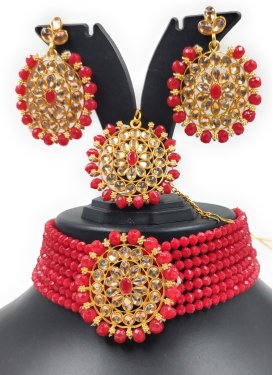Alluring Gold and Red Beads Work Gold Rodium Polish Necklace Set