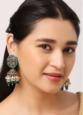 Alluring Gold Rodium Polish Beads Work Alloy Green and Off White Earrings For Party