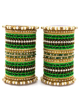 Alluring Gold Rodium Polish Beads Work Green and White Bangles for Bridal
