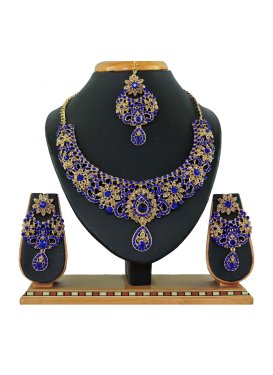 Alluring Gold Rodium Polish Blue and Gold Necklace Set For Festival