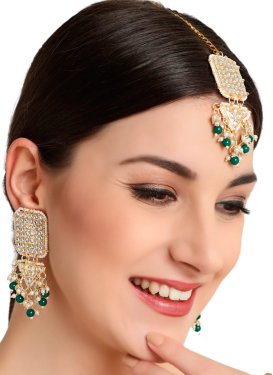 Alluring Gold Rodium Polish Diamond Work Gold and Green Earrings for Ceremonial