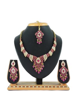 Alluring Gold Rodium Polish Stone Work Rose Pink and White Necklace Set for Festival