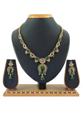 Alluring Green and White Stone Work Gold Rodium Polish Necklace Set