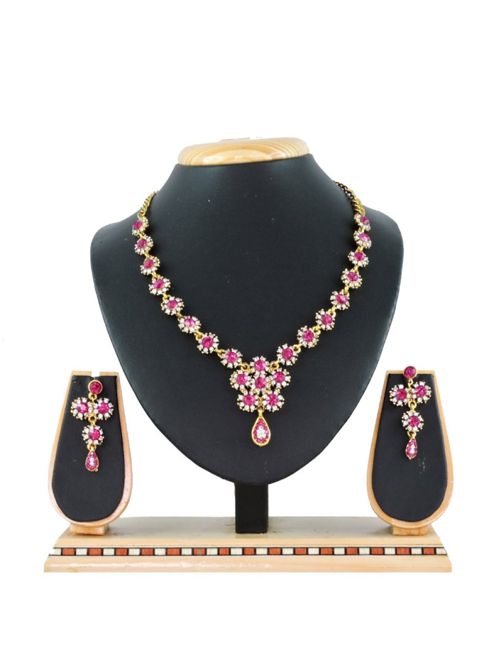 Alluring Hot Pink and White Stone Work Necklace Set