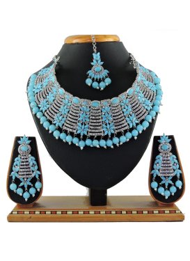 Alluring Light Blue and White Silver Rodium Polish Beads Work Necklace Set