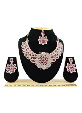Alluring Maroon and White Gold Rodium Polish Necklace Set For Festival