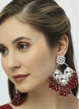 Alluring Maroon and White Silver Rodium Polish Beads Work Earrings