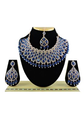 Alluring Navy Blue and White Beads Work Gold Rodium Polish Necklace Set