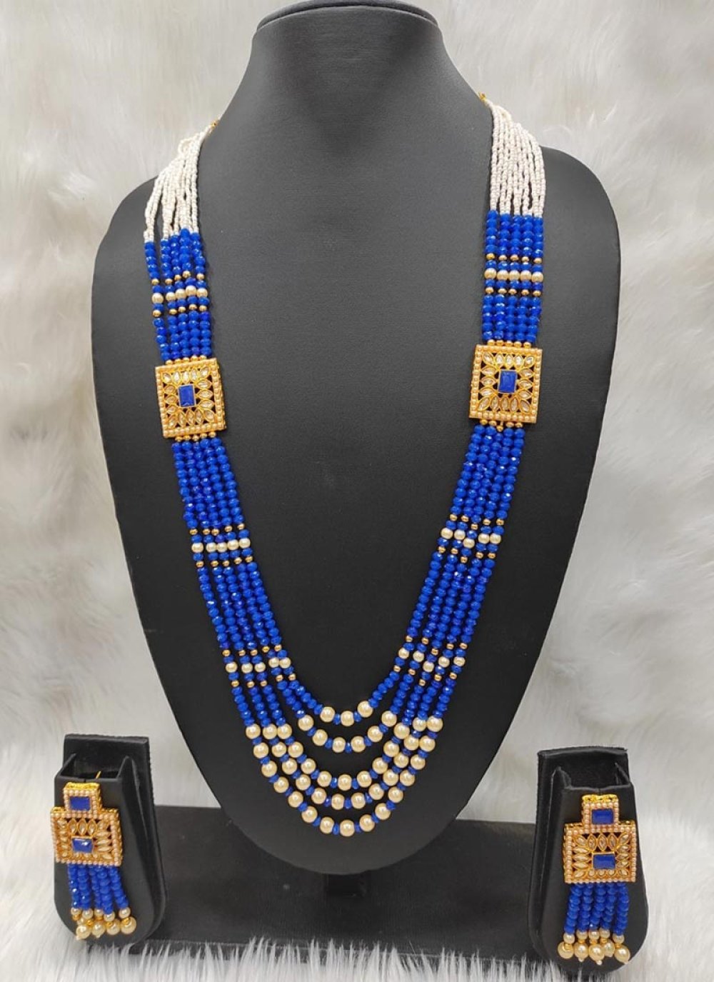 Beautiful Alloy Blue and Off White Moti Work Necklace Set