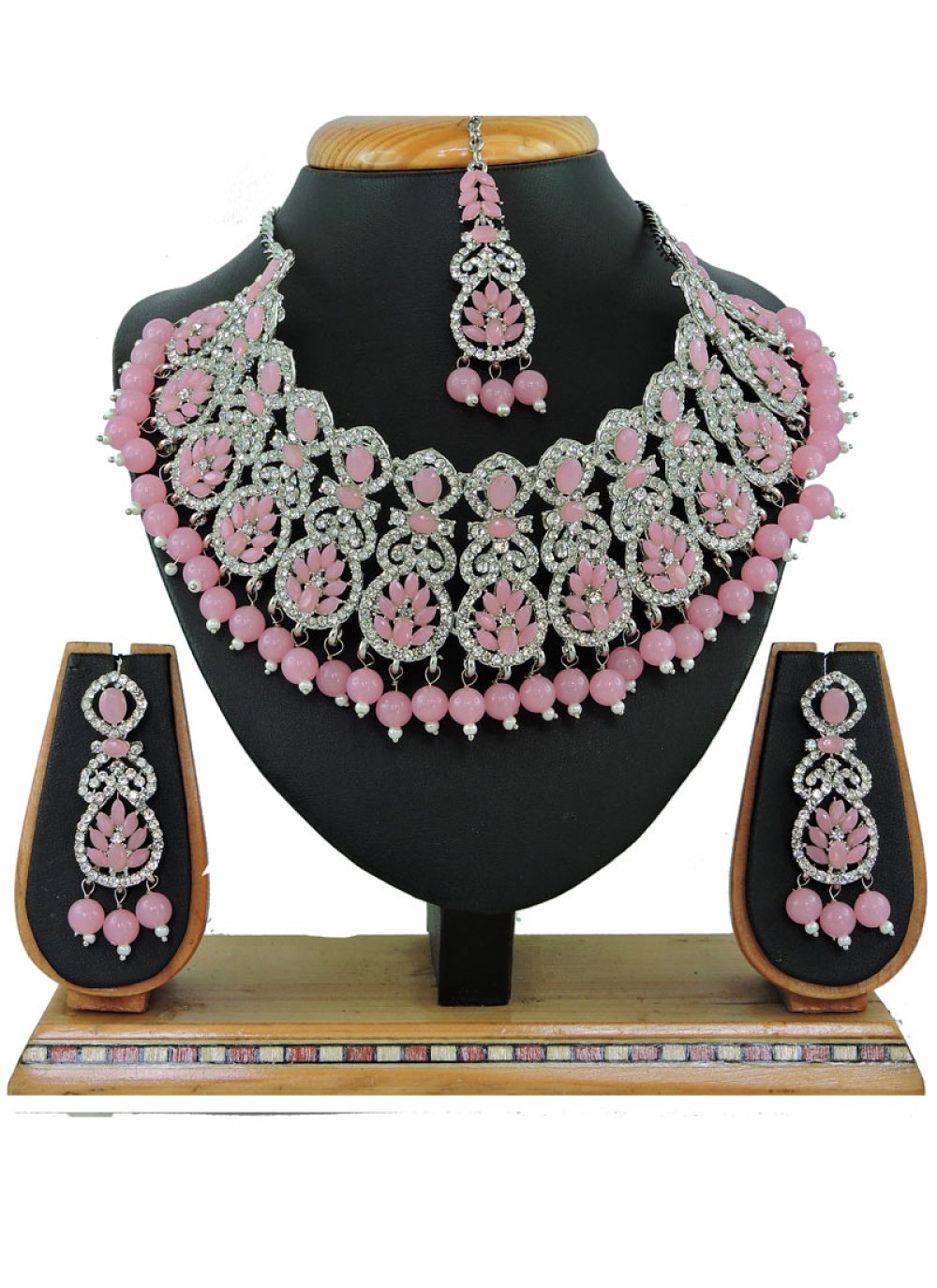 Alluring Silver Rodium Polish Beads Work Alloy Pink and Silver Color Necklace Set