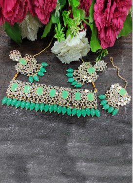 Alluring Turquoise and White Mirror Work Gold Rodium Polish Necklace Set