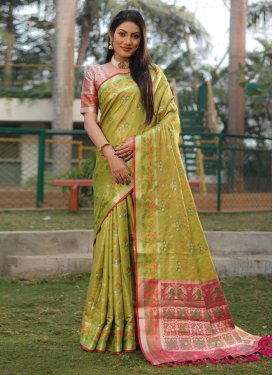 Aloe Veera Green and Hot Pink Woven Work Designer Contemporary Style Saree