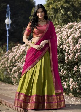 Aloe Veera Green and Rose Pink Kanjivaram Silk Trendy Designer Lehenga Choli