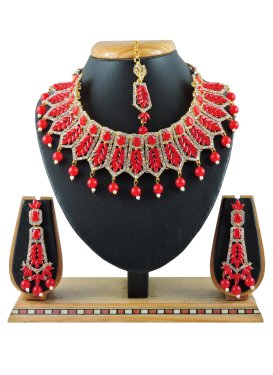 Amazing Alloy Gold Rodium Polish Gold and Red Beads Work Necklace Set