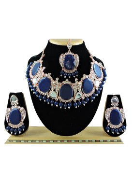 Amazing Alloy Navy Blue and White Necklace Set For Festival