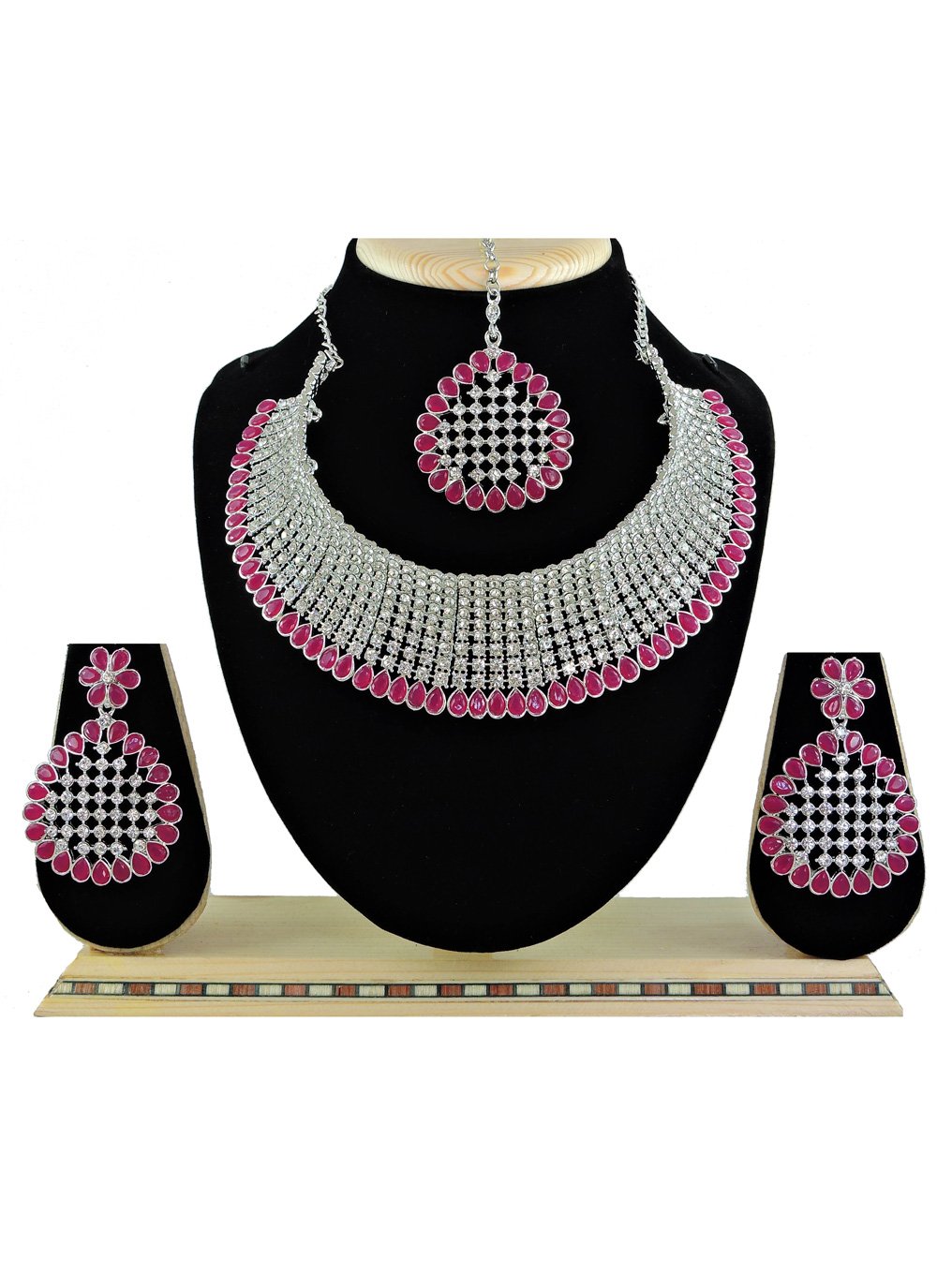 Amazing Alloy Rose Pink and Silver Color Necklace Set