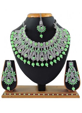 Amazing Alloy Silver Rodium Polish Mint Green and White Beads Work Necklace Set