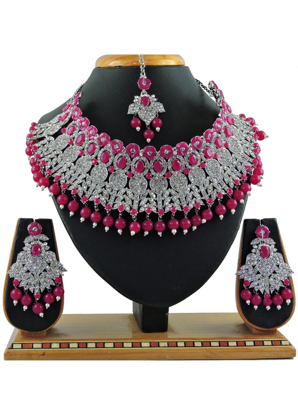 Amazing Beads Work Fuchsia and Silver Color Silver Rodium Polish Necklace Set