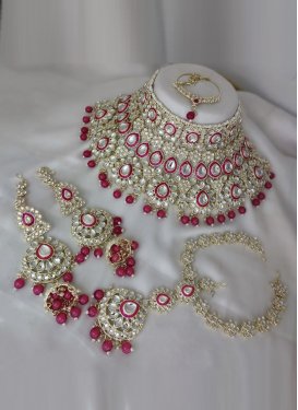 Amazing Beads Work Fuchsia and White Gold Rodium Polish Necklace Set