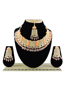 Amazing Beads Work Peach and White Gold Rodium Polish Necklace Set