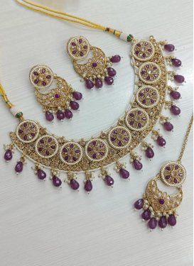 Amazing Gold and Purple Beads Work Alloy Gold Rodium Polish Necklace Set