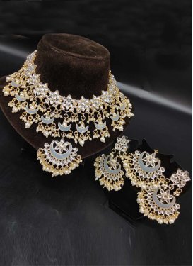 Amazing Grey and White Moti Work Gold Rodium Polish Necklace Set