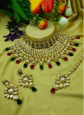 Amazing Maroon and White Beads Work Gold Rodium Polish Necklace Set