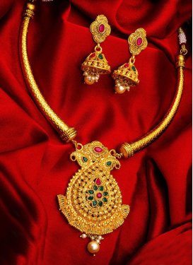 Amazing Stone Work Gold and Green Gold Rodium Polish Necklace Set