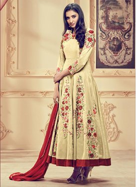 Amusing Embroidered Work Cream and Red Faux Georgette Ankle Length Anarkali Salwar Suit