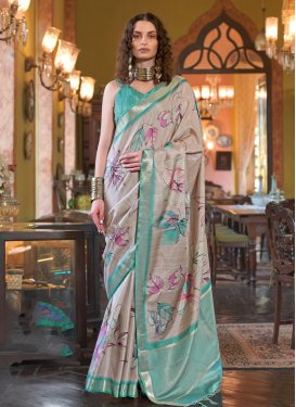 Aqua Blue and Beige Digital Print Work Banarasi Silk Designer Contemporary Saree