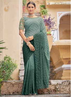 Aqua Blue and Bottle Green Contemporary Style Saree