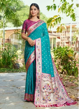 Aqua Blue and Fuchsia Banarasi Silk Traditional Saree with Woven Work for Festival
