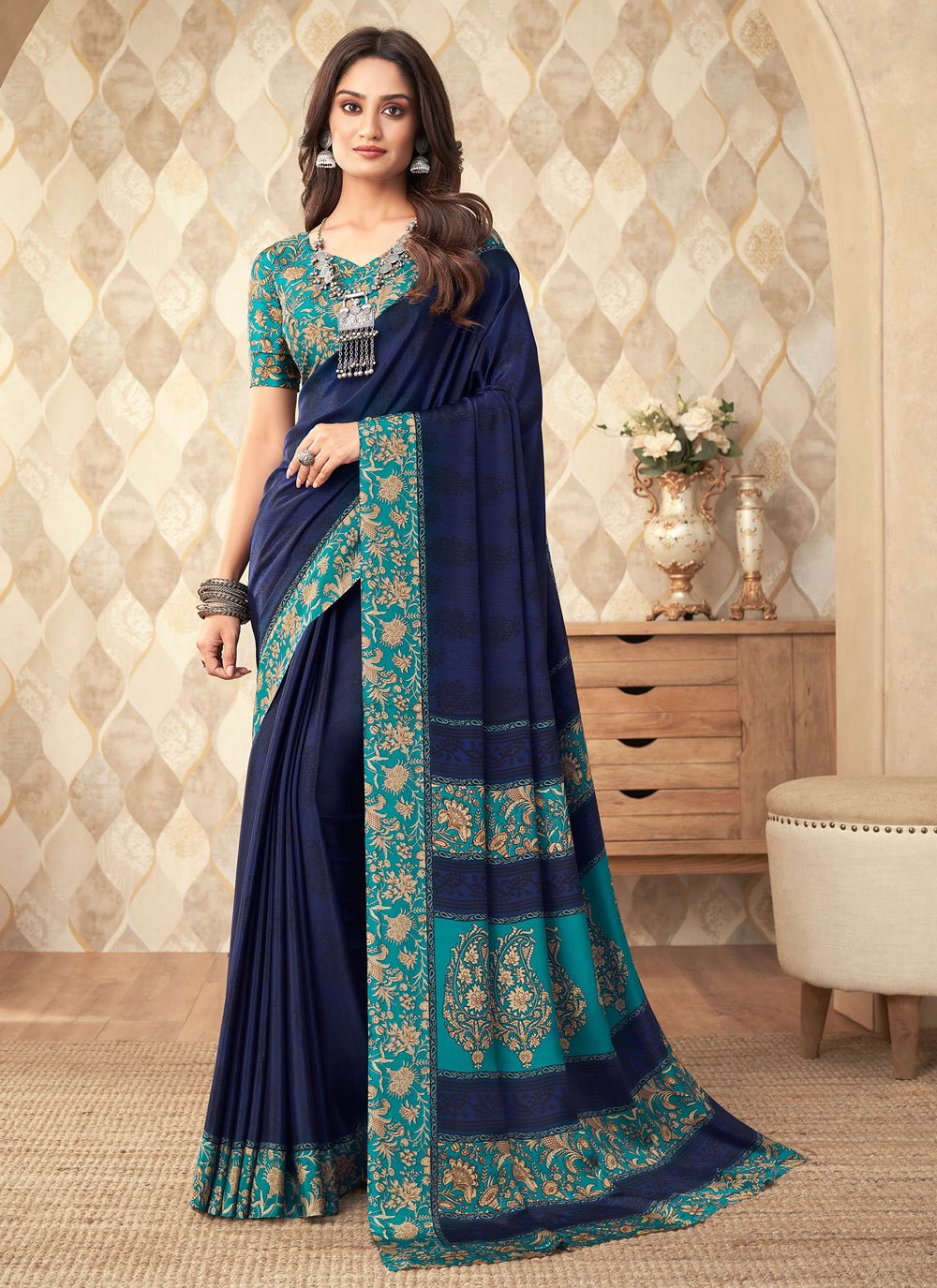 Buy MIMOSA Women's Crepe Saree Kanjivaram Style Color : Turquoise Blue at  Amazon.in