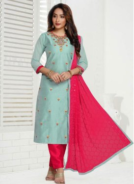 Aqua Blue and Red Chanderi Silk Readymade Salwar Kameez