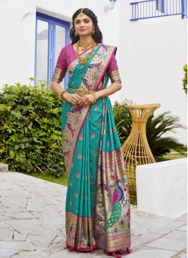 Aqua Blue and Rose Pink Paithani Silk Designer Contemporary Style Saree