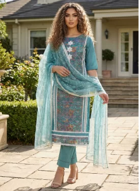Aqua Blue Cotton Silk Straight Suit with Embroidered Work for Ceremonial