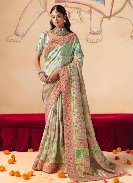 Aqua Blue Dola Silk Embroidered Work Trendy Saree for Women