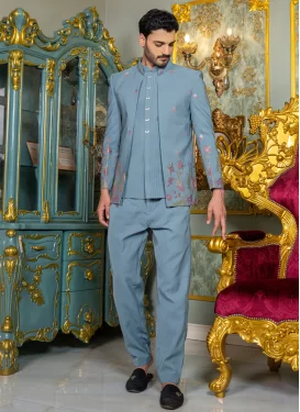 Aqua Blue Fancy Fabric Jodhpuri Suit with Embroidered Work for Party
