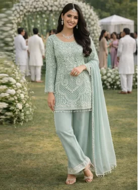 Aqua Blue Georgette Straight Suit with Embroidered Work for Festival