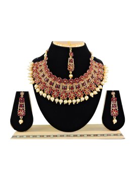 Arresting Alloy Beads Work Gold and Maroon Necklace Set