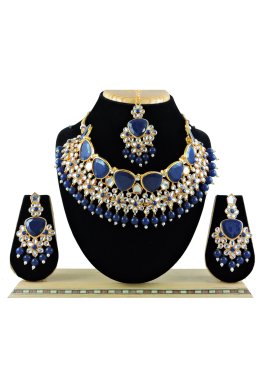 Arresting Alloy Beads Work Navy Blue and White Necklace Set
