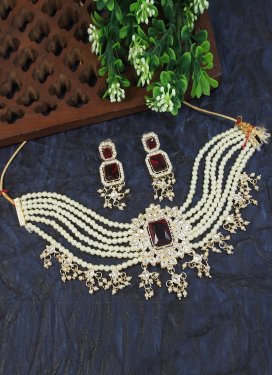 Arresting Alloy Maroon and Off White Beads Work Necklace Set