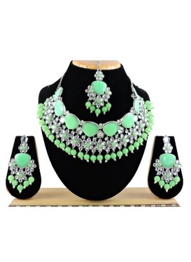 Arresting Mint Green and Silver Color Necklace Set For Festival