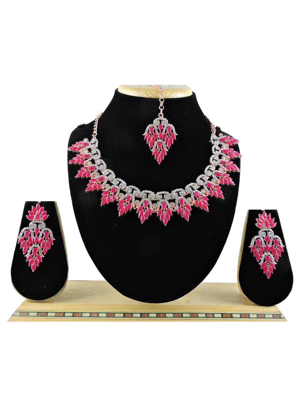 Arresting Rose Pink and Silver Color Silver Rodium Polish Stone Work Necklace Set